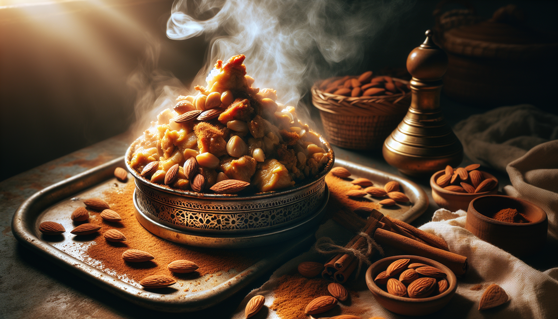 Cooking Fragrant Chicken Pastilla with Almonds and Cinnamon Dust