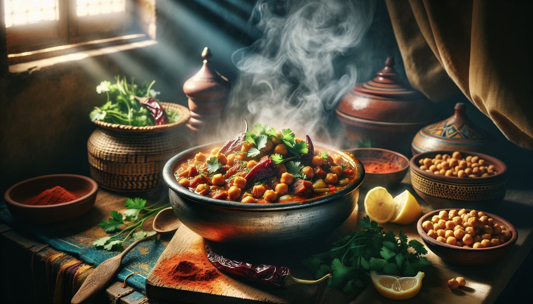 Cooking Spiced Chickpea and Preserved Lemon Stew with Harissa and Fresh Coriander
