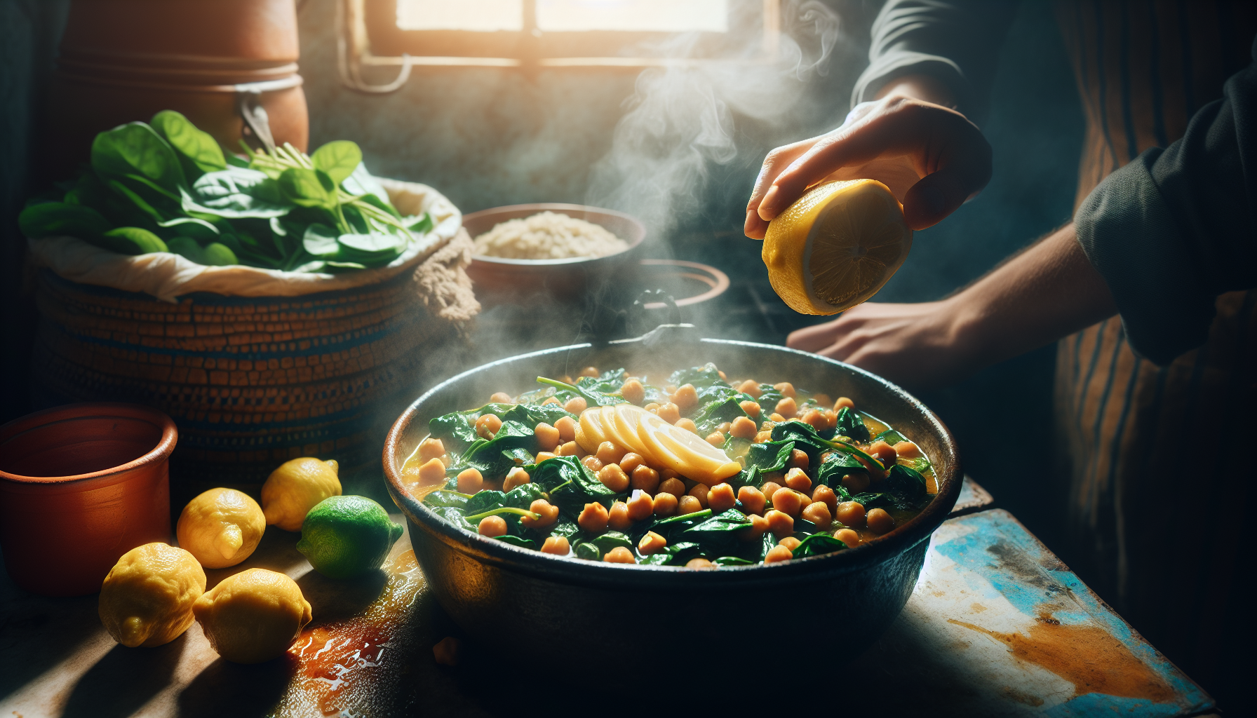 Cooking Hearty Moroccan Chickpea and Spinach Stew with Preserved Lemons