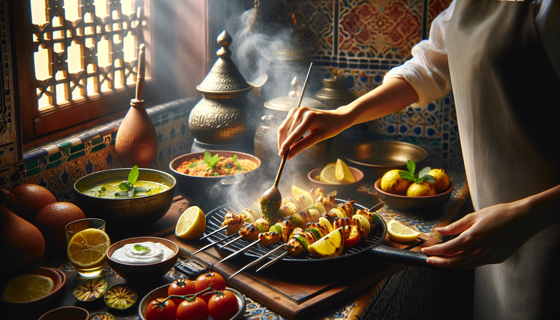 Cooking Zesty Chermoula Chicken Skewers with Grilled Lemon and Mint Yogurt Sauce
