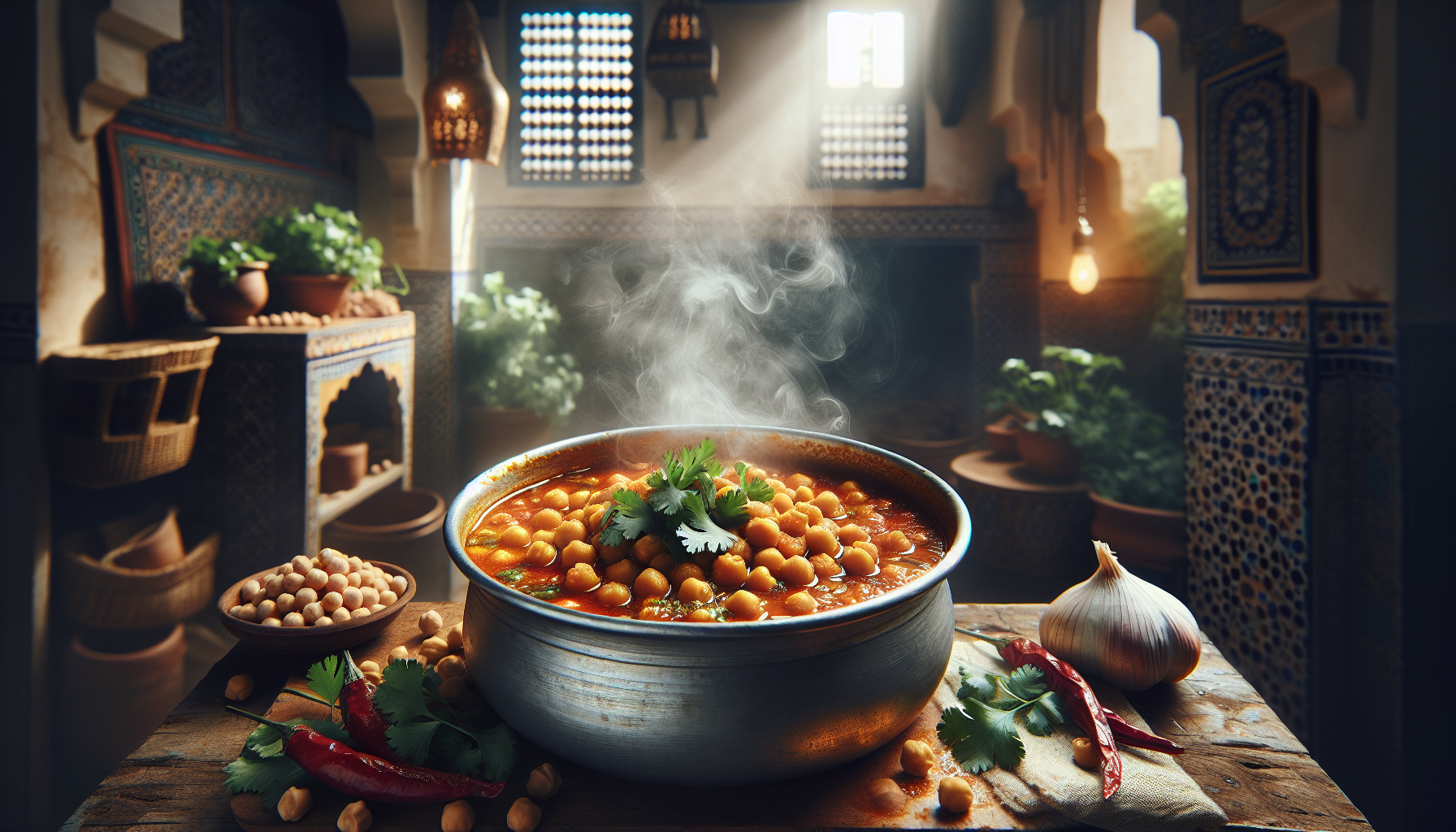 Cooking Spicy Harira Soup with Chickpeas and Fresh Coriander