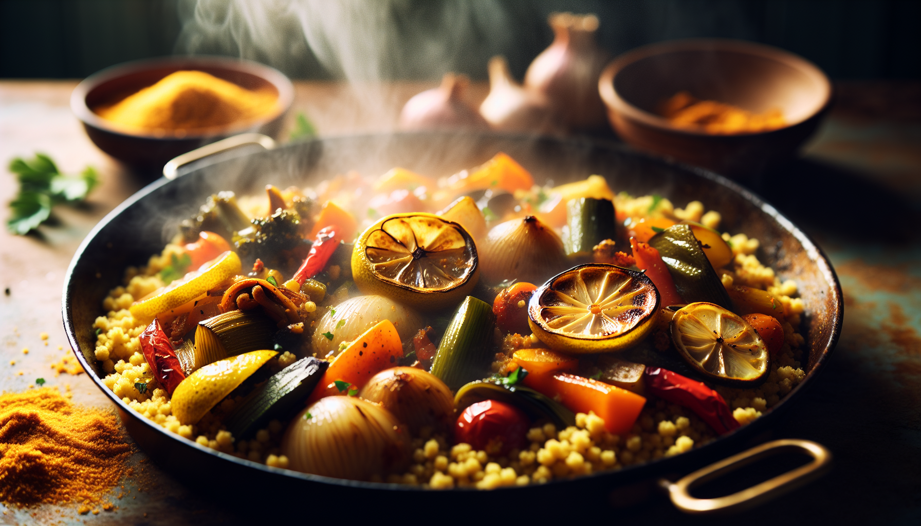 Cooking Spiced Sabzi Couscous with Roasted Vegetables and Preserved Lemon