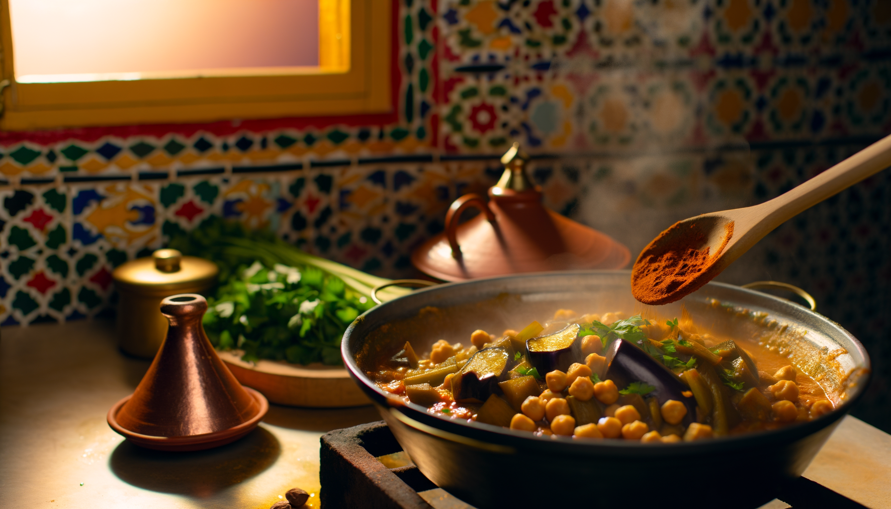Cooking Harissa Eggplant Tagine in a pot with steam rising