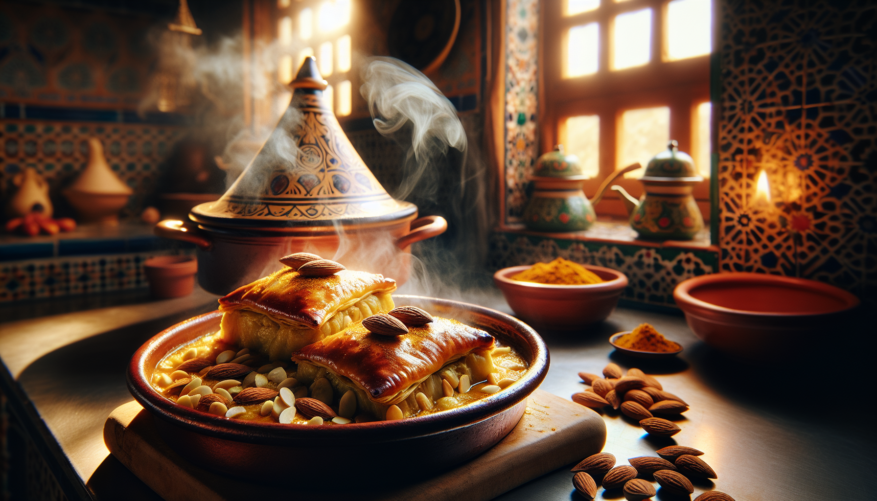 Cooking Spiced Chicken Bastilla with Almonds and Saffron-Infused Pastry
