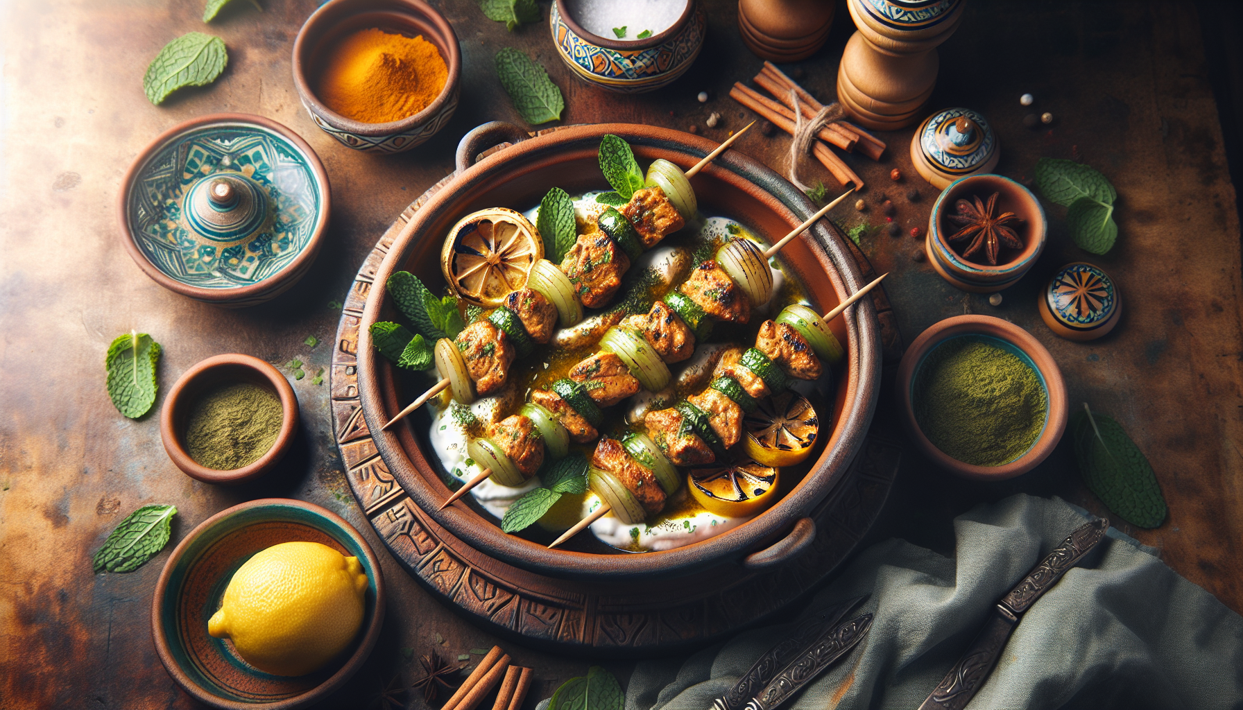 Zesty Chermoula Chicken Skewers with Grilled Lemon and Mint Yogurt Sauce
