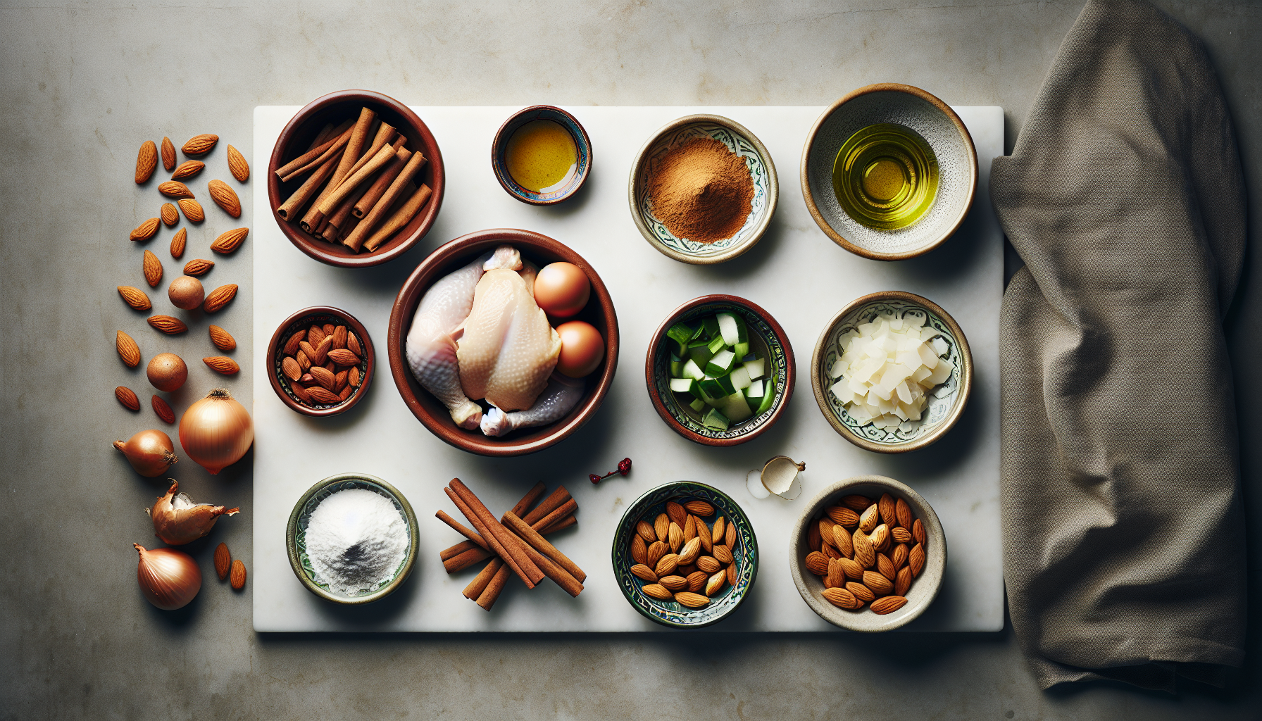 Ingredients for Authentic Moroccan Chicken Bastilla with Warm Cinnamon and Almond香气