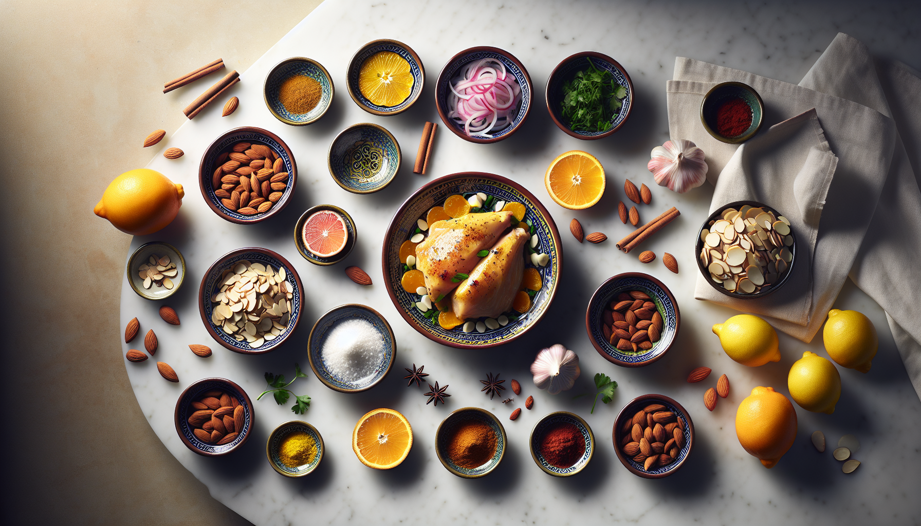 Ingredients for Saffron-Infused Chicken Bastilla with Almonds and Spiced Citrus