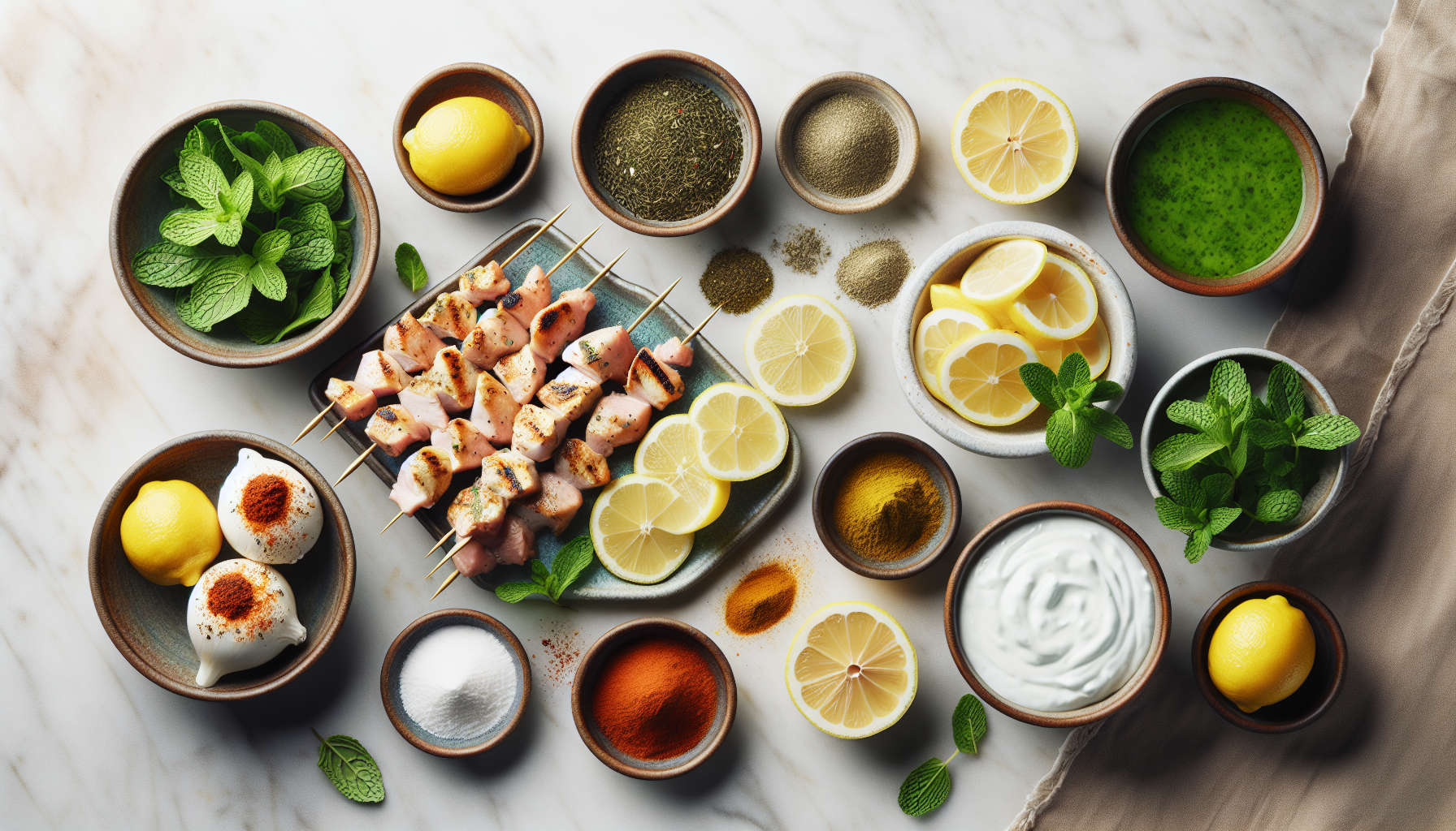 Ingredients for Zesty Chermoula Chicken Skewers with Grilled Lemon and Mint Yogurt Sauce