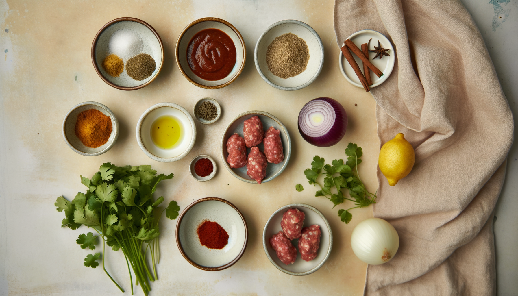 Flat-lay of ingredients for chicken kefta skewers with harissa sauce