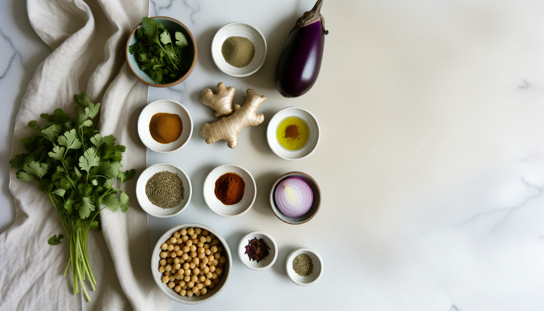 Flat-lay of ingredients for Harissa Eggplant and Chickpea Tagine