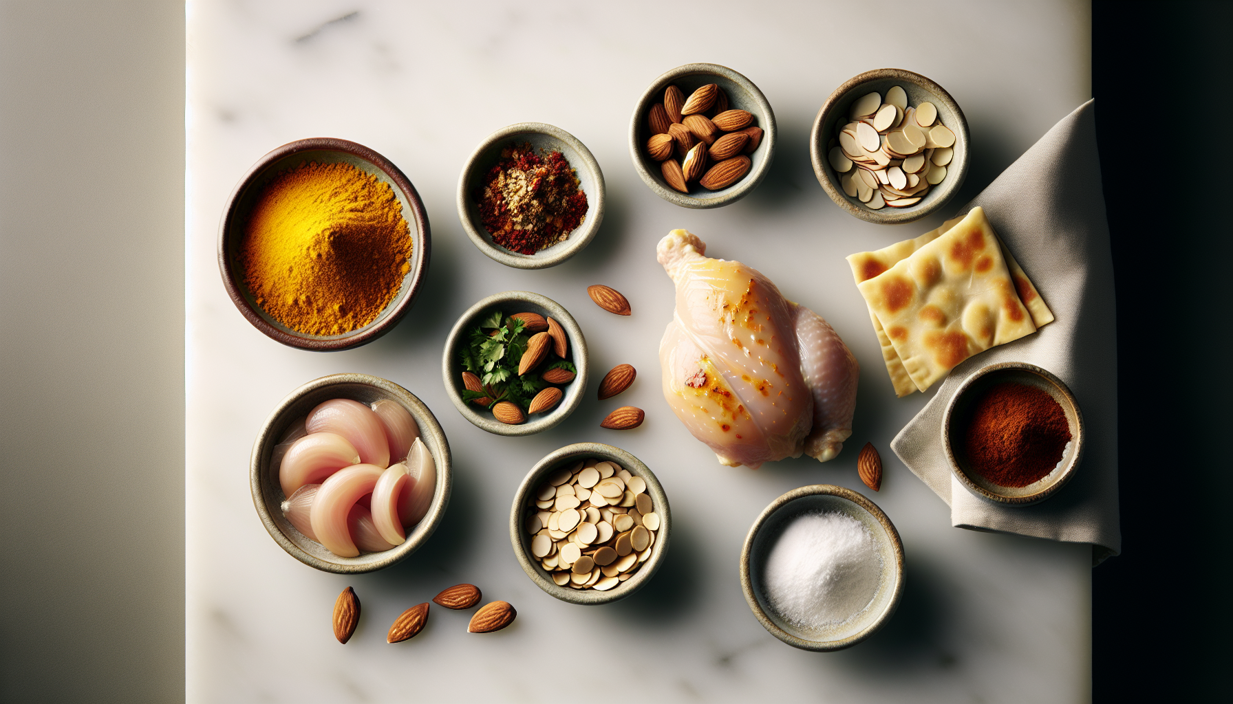 Ingredients for Spiced Chicken Bastilla with Almonds and Saffron-Infused Pastry