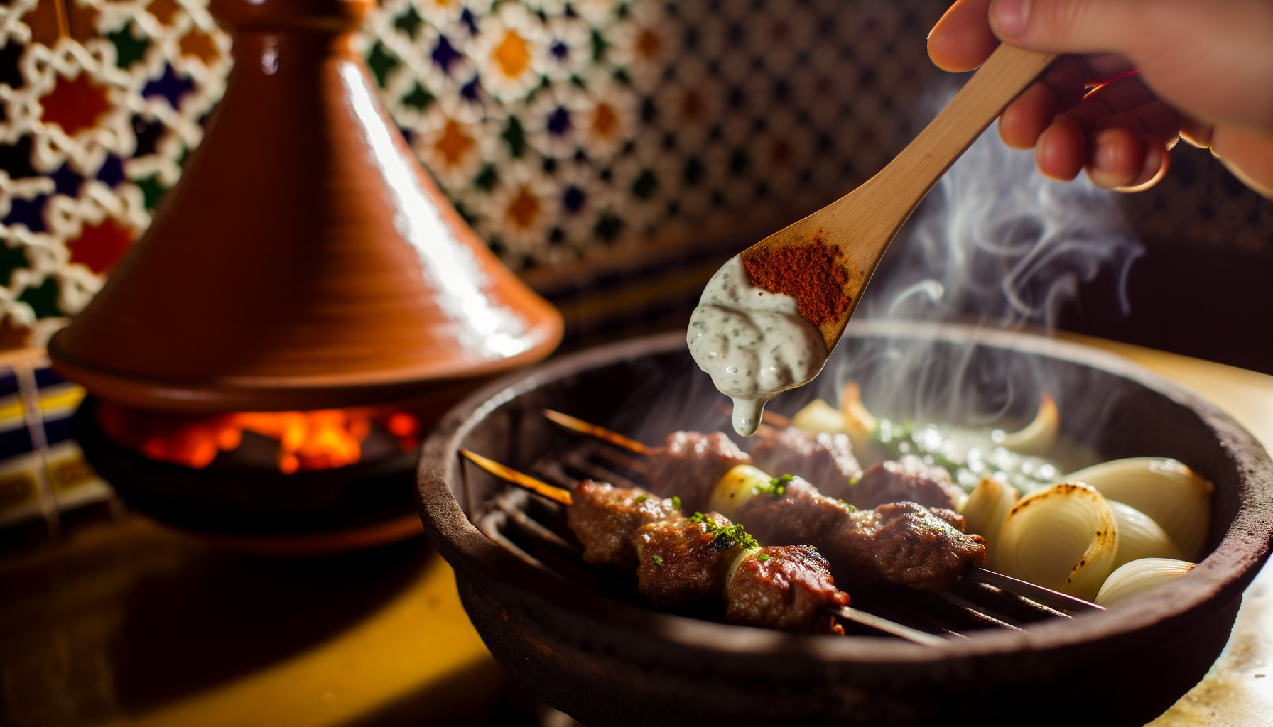 Grilling Atlas Mountain Kefta Skewers over an open flame