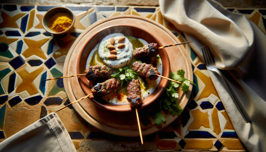 Grilled Atlas Mountain Kefta Skewers with Mint Yogurt Sauce on a platter
