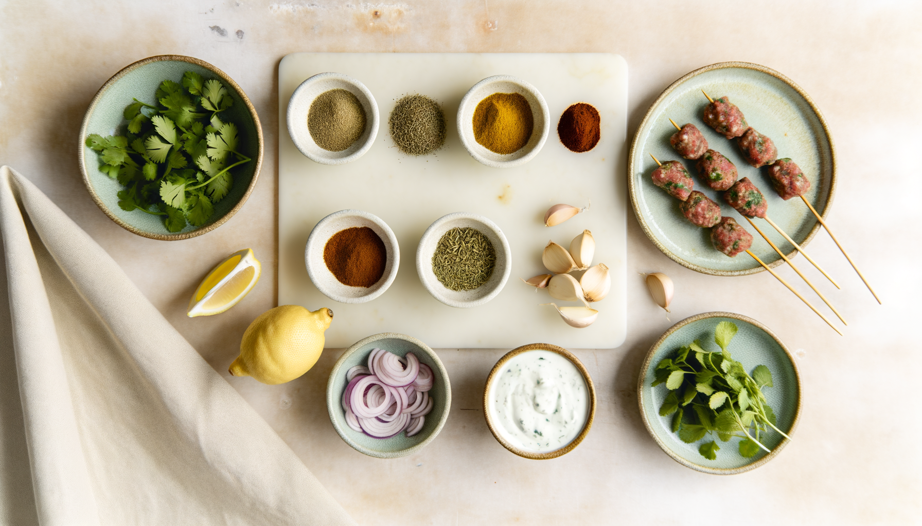 Ingredients for Atlas Mountain Kefta Skewers including lamb, spices, and mint yogurt sauce
