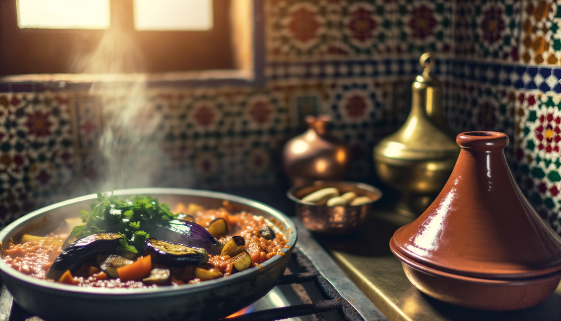 Cooking Berber-Style Zaalouk with grilled eggplant in a pan