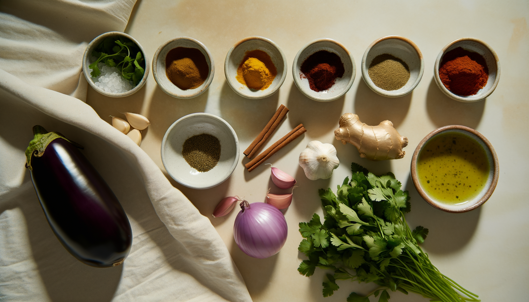 Flat-lay of ingredients for Berber-Style Zaalouk, including eggplant, tomatoes, and herbs