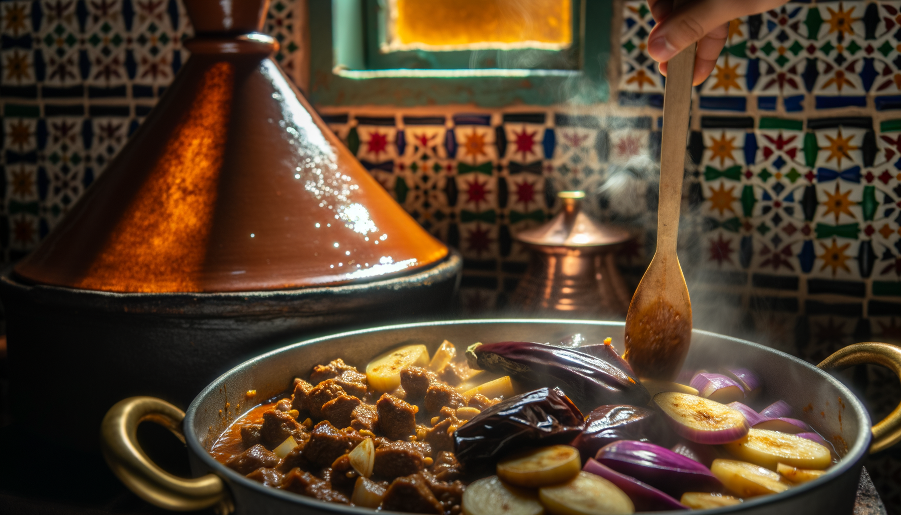 Action shot of cooking Atlas Mountain Kefta Tagine in a traditional tagine pot