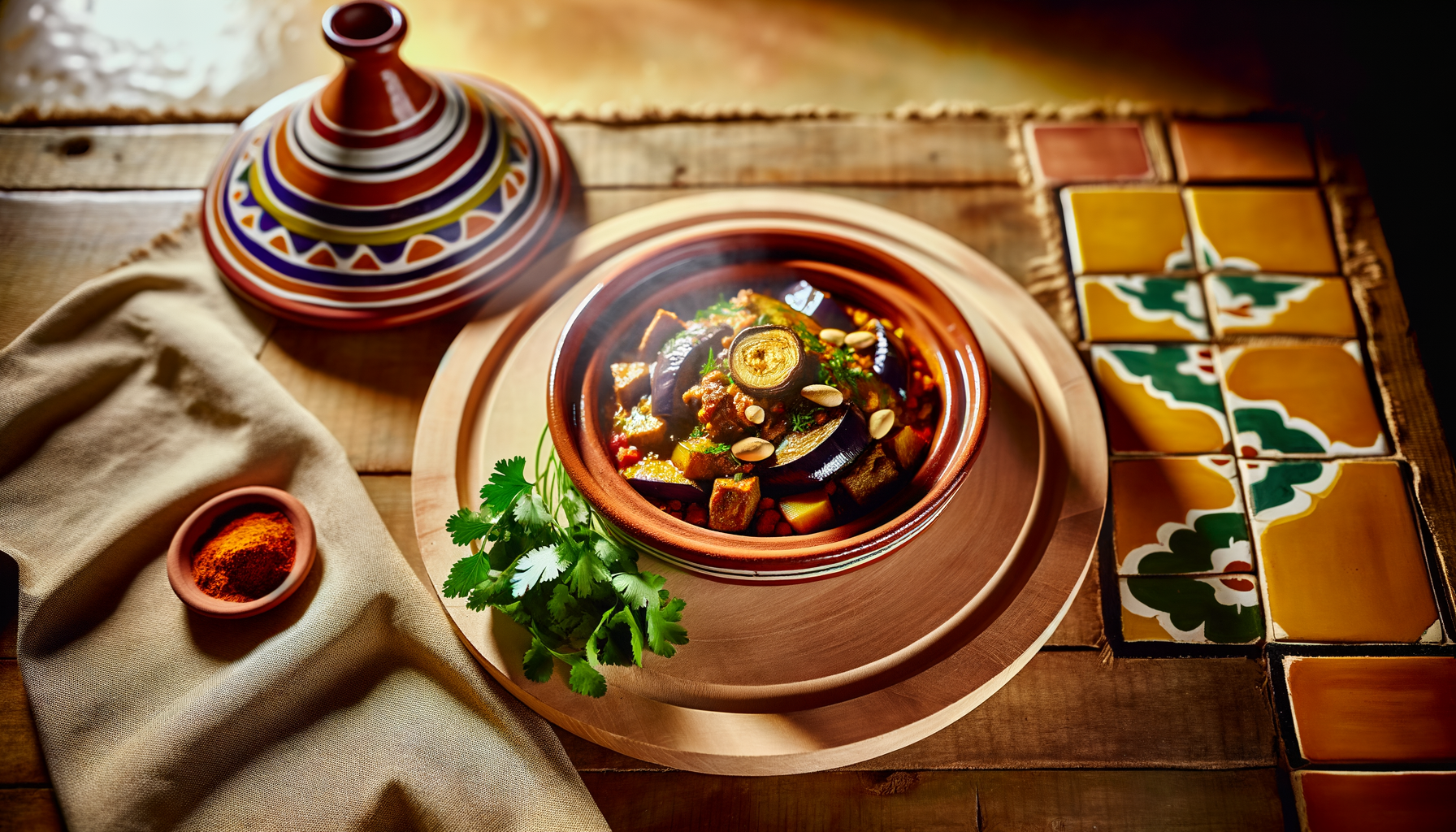 Braised Atlas Mountain Kefta Tagine with silky eggplant served in a traditional Moroccan dish