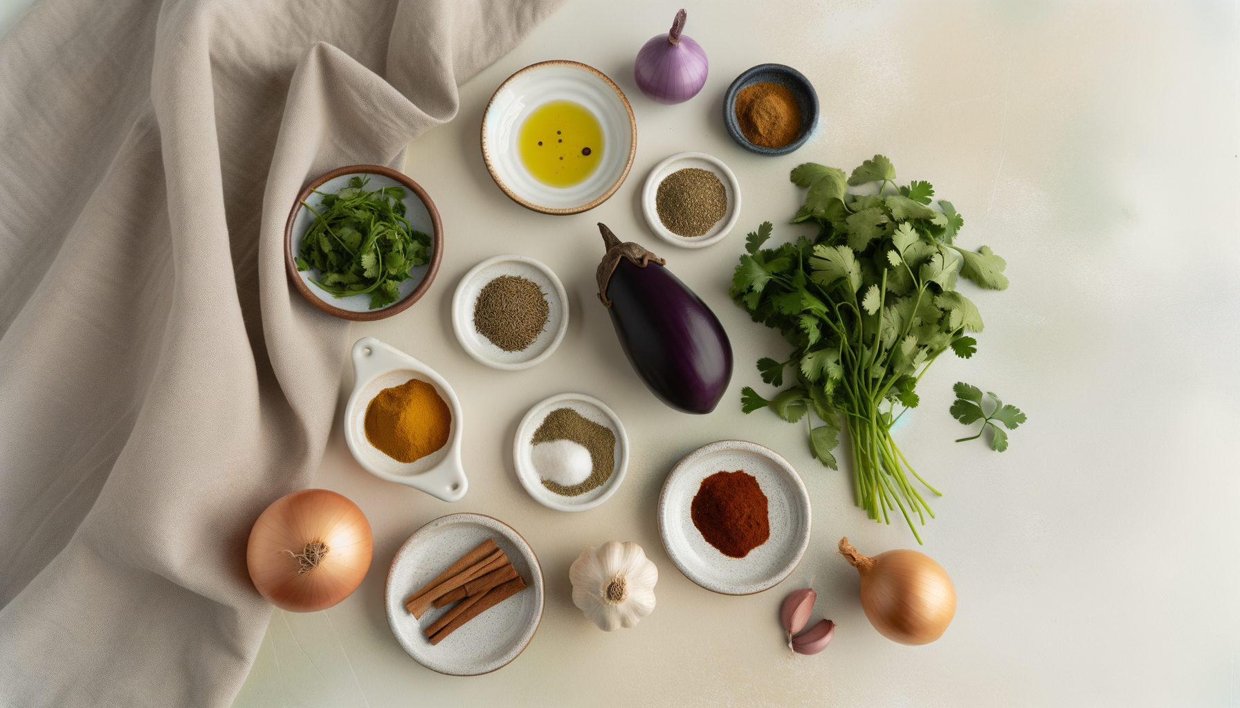 Flat-lay of ingredients for Atlas Mountain Kefta Tagine including spices, meat, and eggplant