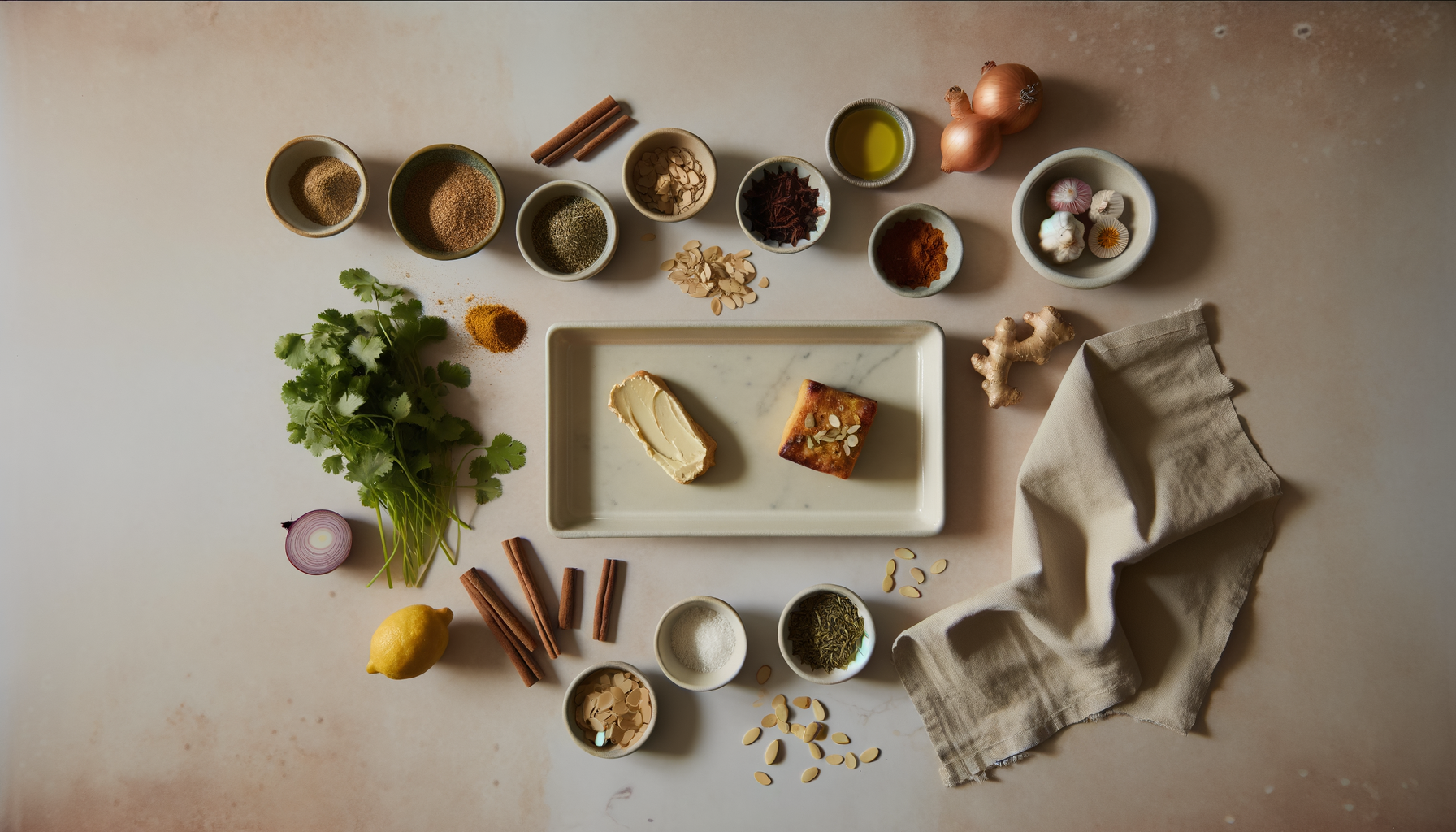 Flat-lay of ingredients for buttery briouat with almonds and orange blossom