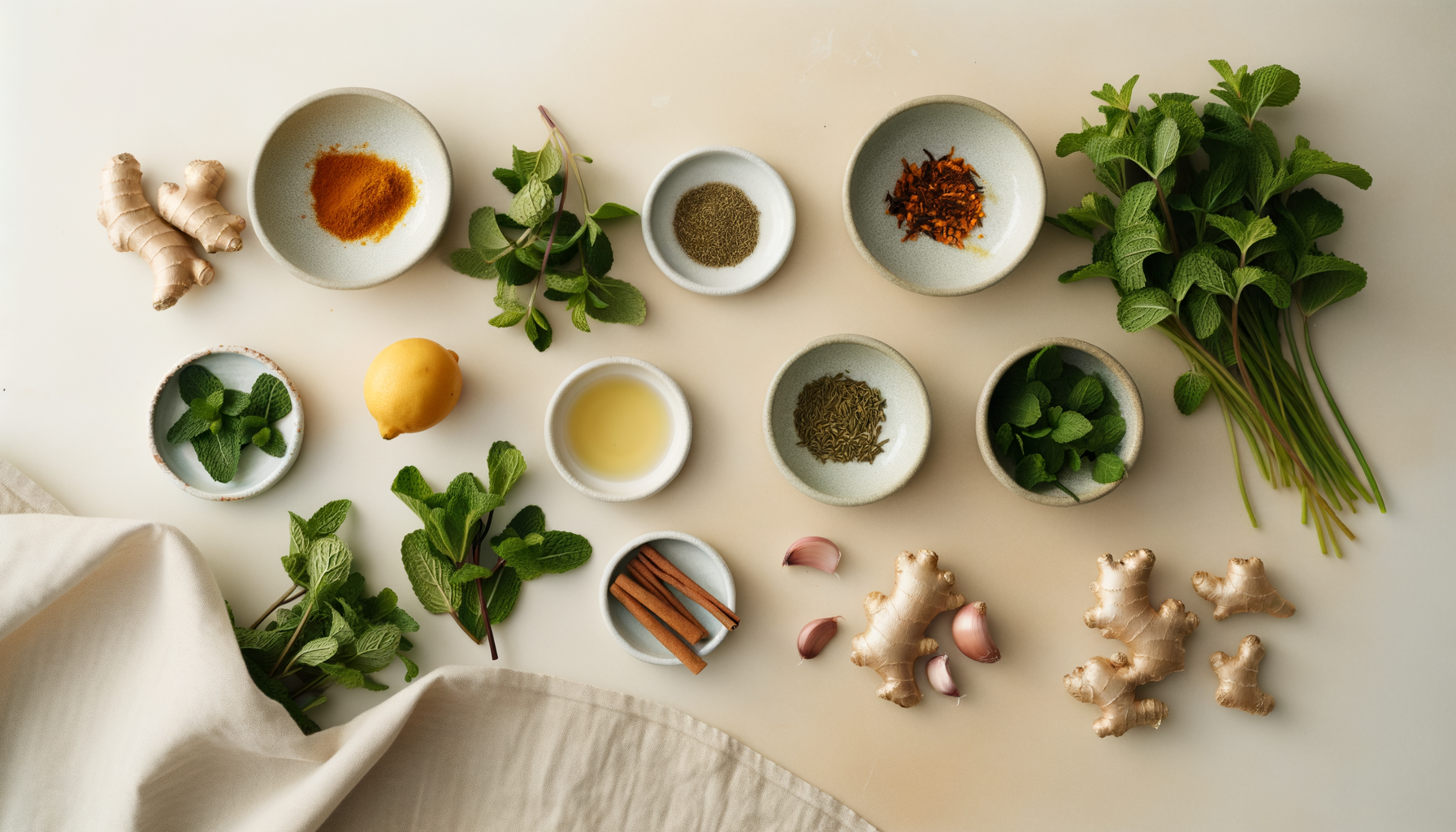 Flat-lay of ingredients for buttery mint tea with fresh peppermint and orange blossom
