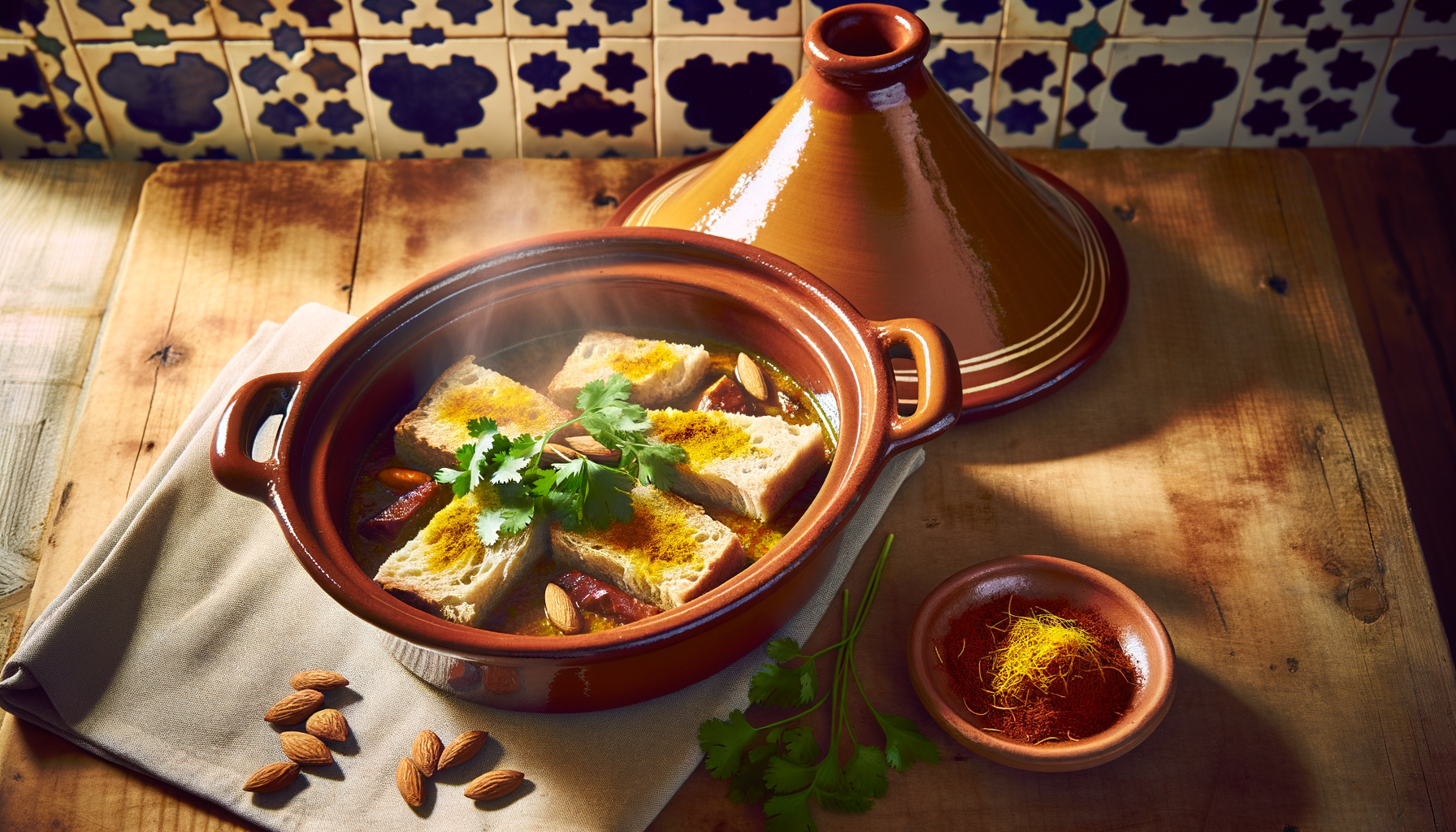 Buttery Moroccan Khobz Bread with aromatic spices on a wooden board
