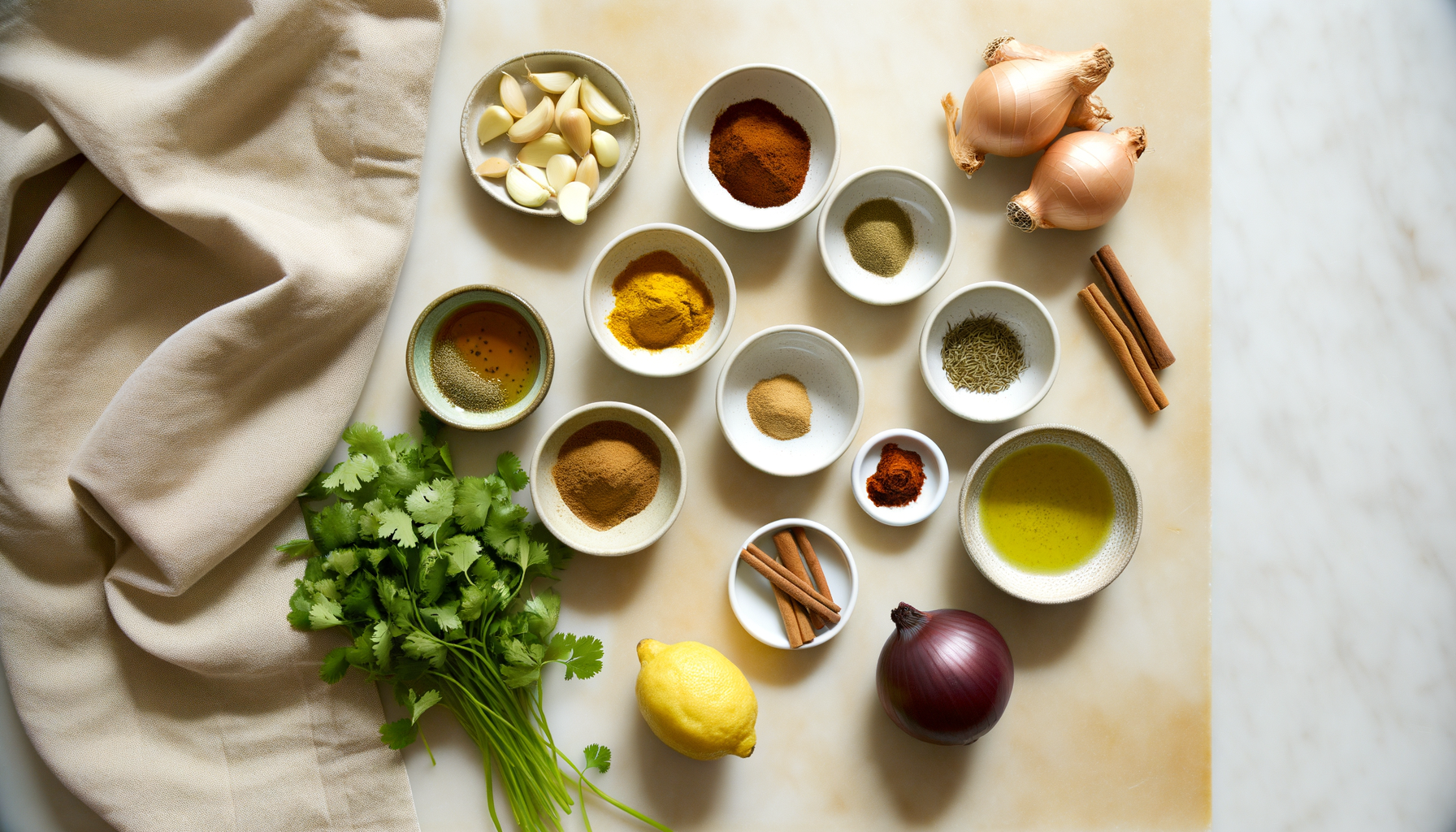Flat-lay of ingredients for Moroccan Khobz Bread with spices and flour