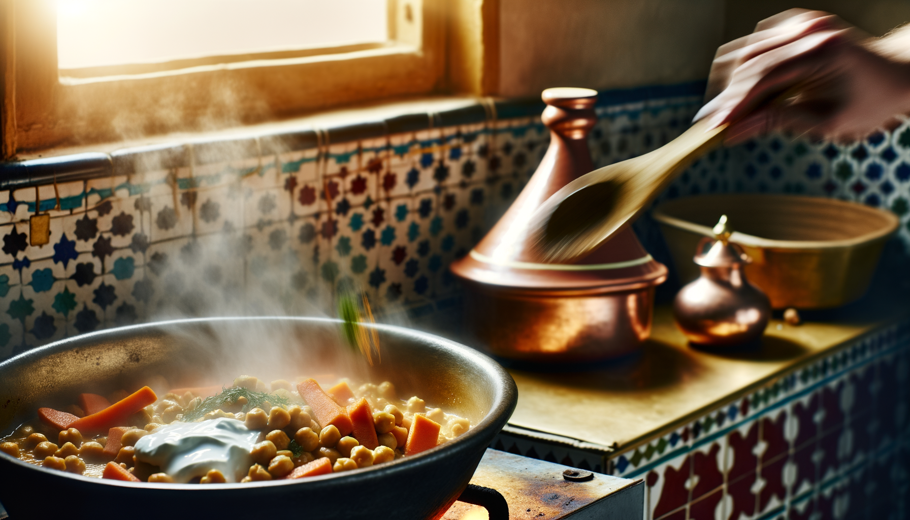 Action shot of simmering chickpea and carrot tagine in a pot