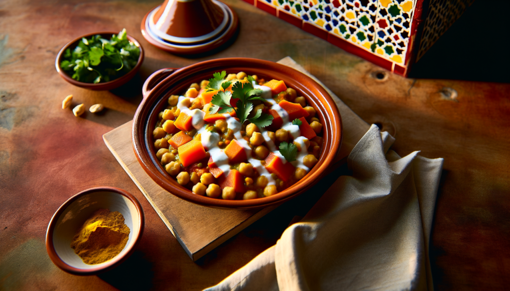 Chickpea Carrot Tagine with Minted Yogurt Drizzle served in a traditional dish