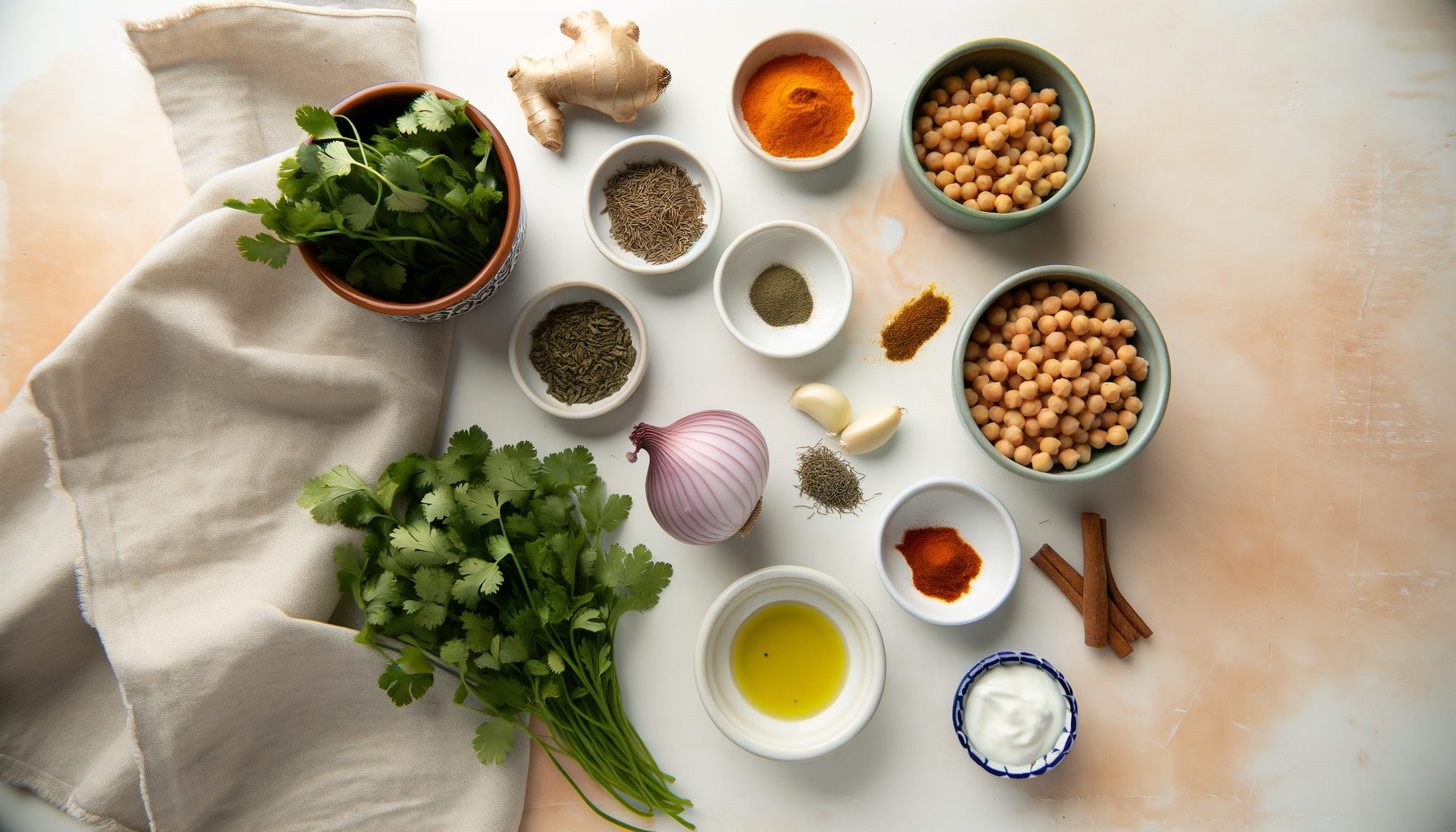 Flat-lay of chickpeas, carrots, spices, and yogurt for tagine preparation