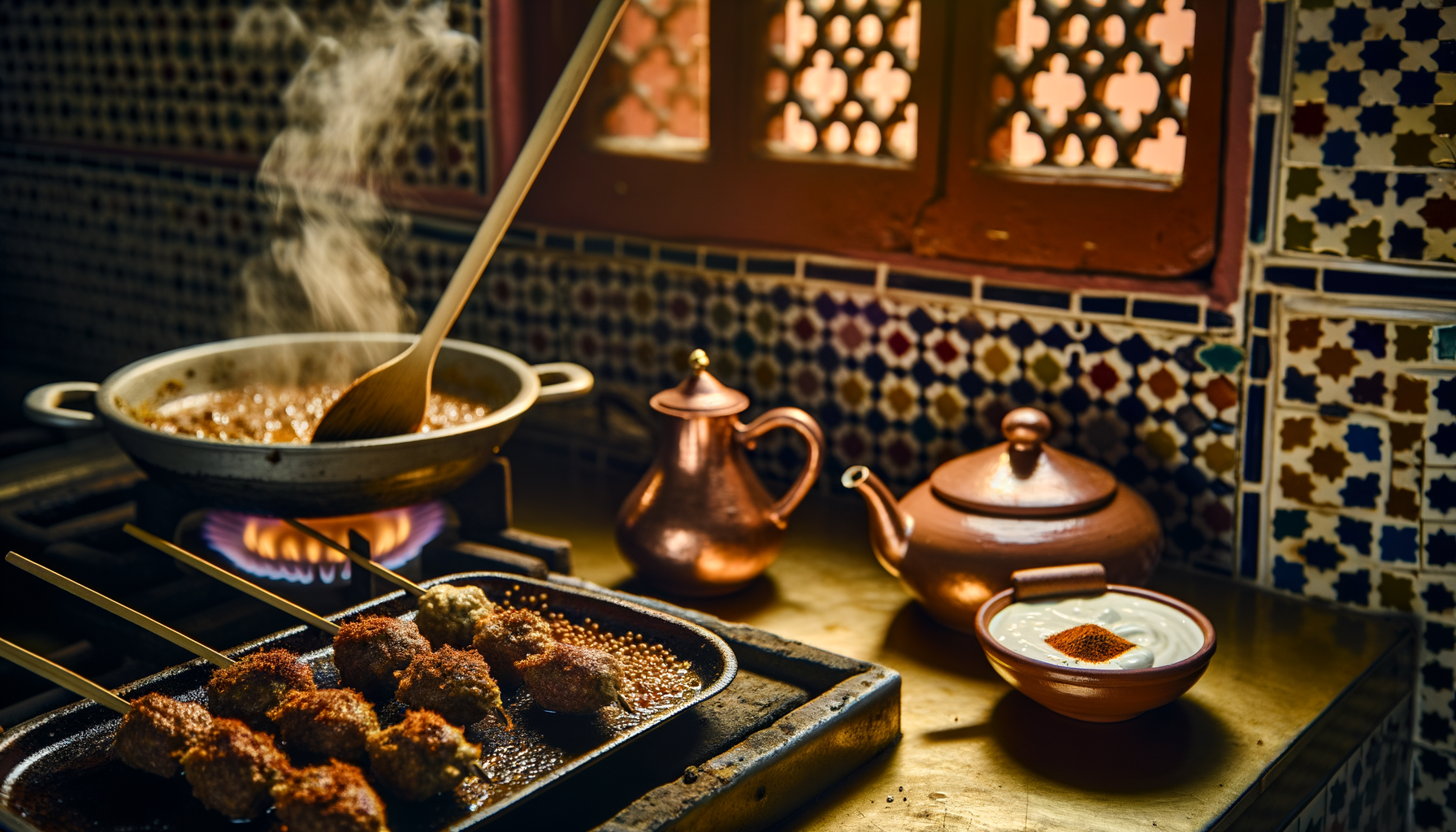 Action shot of grilling crispy brochettes with spiced kefta on a barbecue