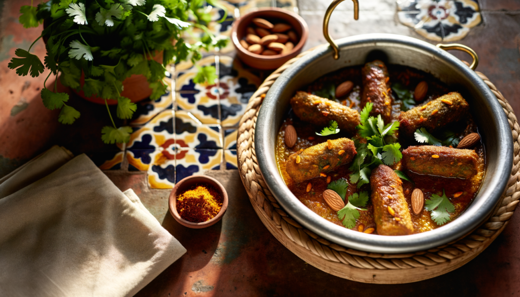 Crispy brochettes with spiced ground kefta and garlic yogurt sauce served on a platter