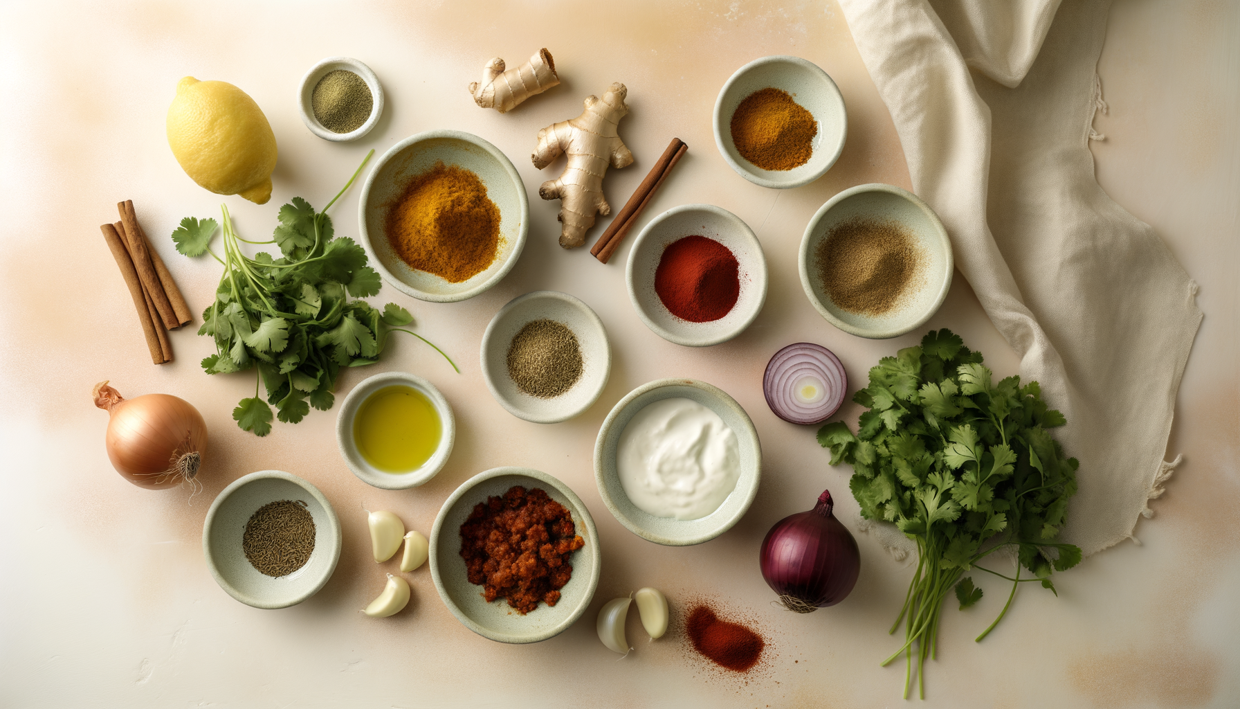Flat-lay of ingredients for crispy brochettes with kefta and garlic yogurt sauce
