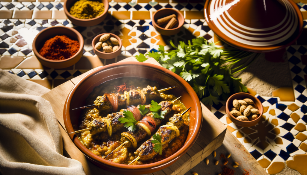 Grilled Moroccan brochettes with chermoula marinade on a BBQ grill