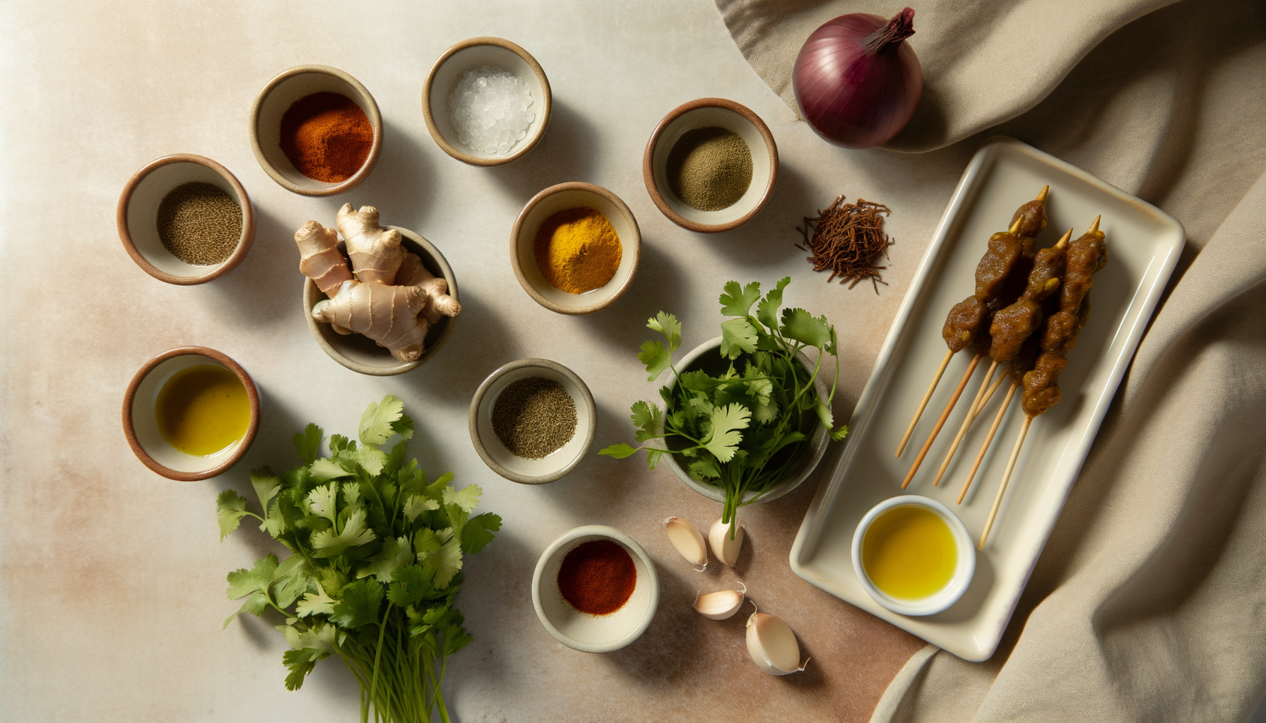 Flat-lay of ingredients for Moroccan brochettes with spices and herbs