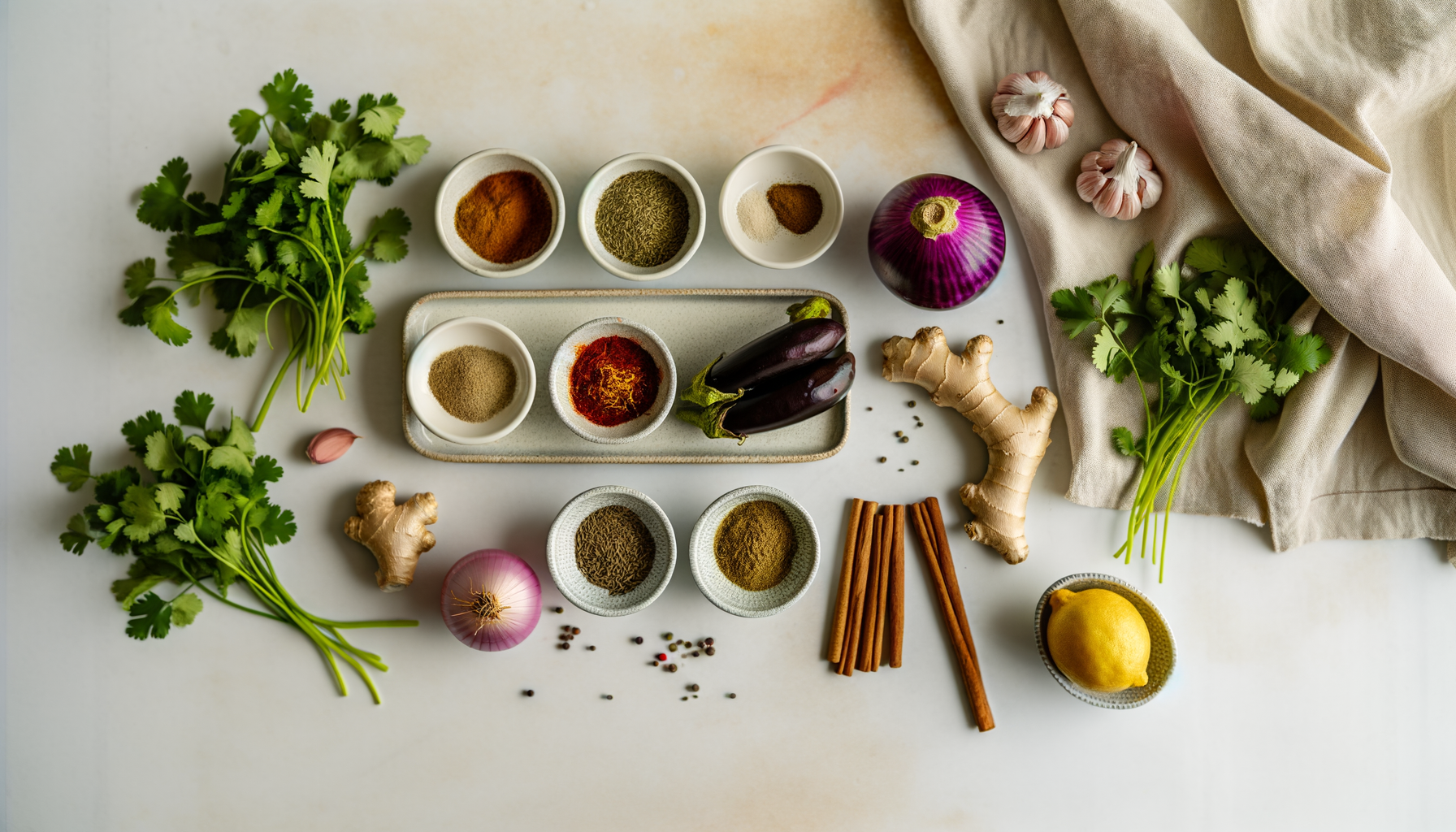 Flat-lay of ingredients for chermoula eggplant brochettes, including spices and herbs