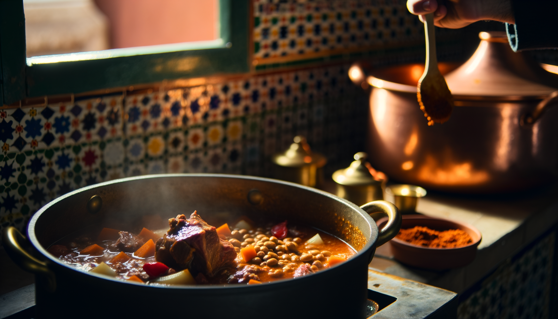 Action shot of lamb and lentil harira simmering on the stove with spices.