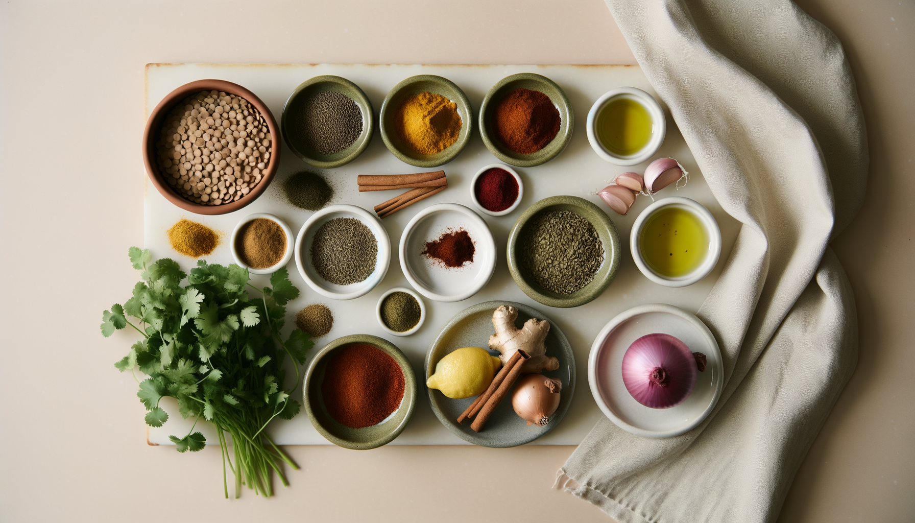 Flat-lay of ingredients for lamb and lentil harira, including spices, lamb, and lentils.