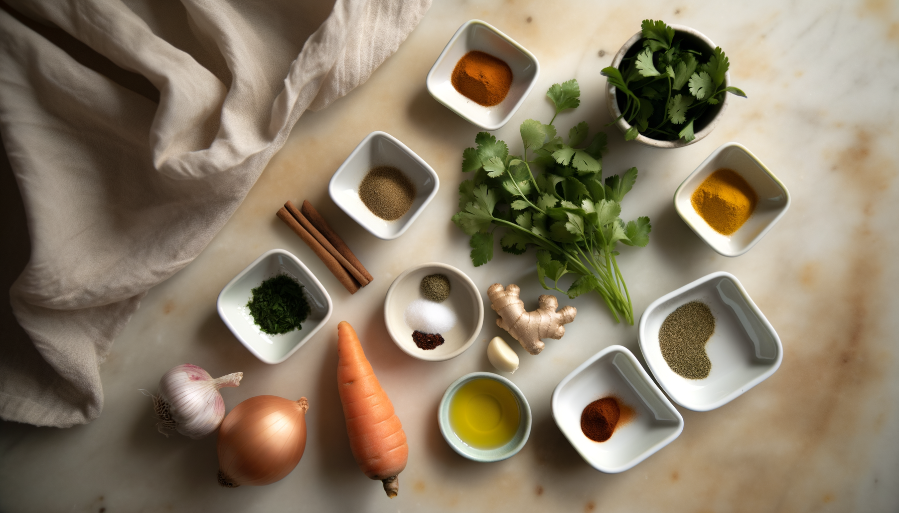 Flat-lay of ingredients for Marrakech-style carrot salad with orange blossom vinaigrette