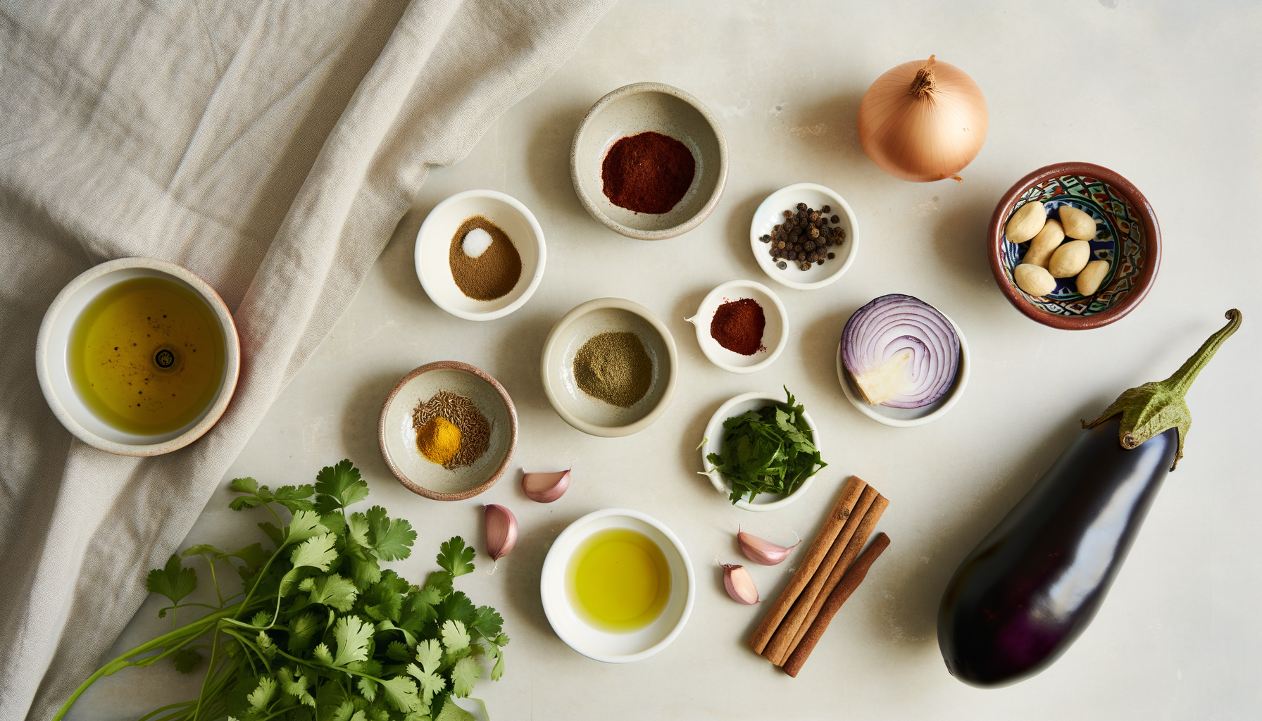 Flat-lay of ingredients for Marrakech-style zaalouk including eggplant, tomatoes, and spices