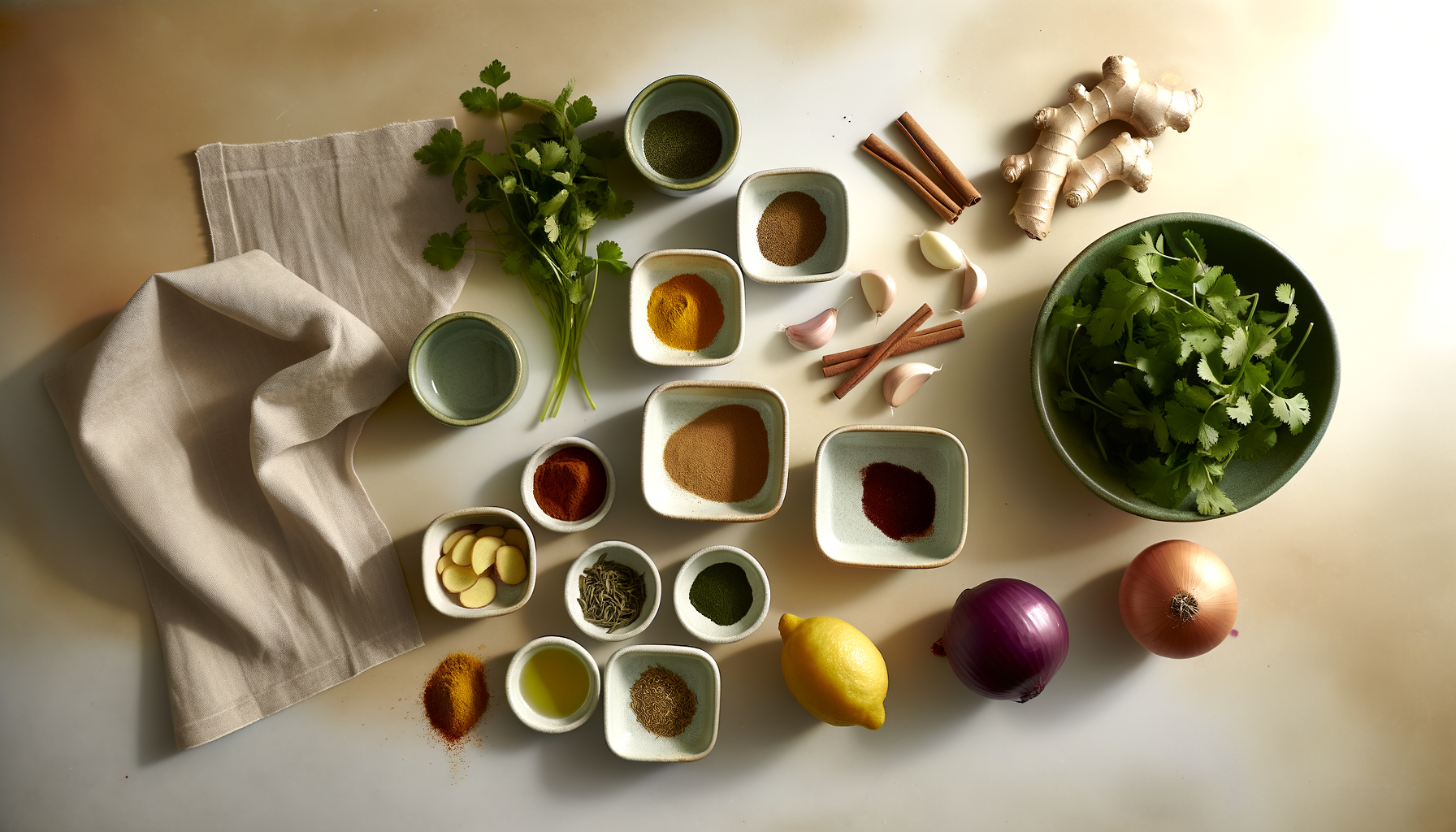 Flat-lay of ingredients for mint tea mojito with mint, lime, and tea