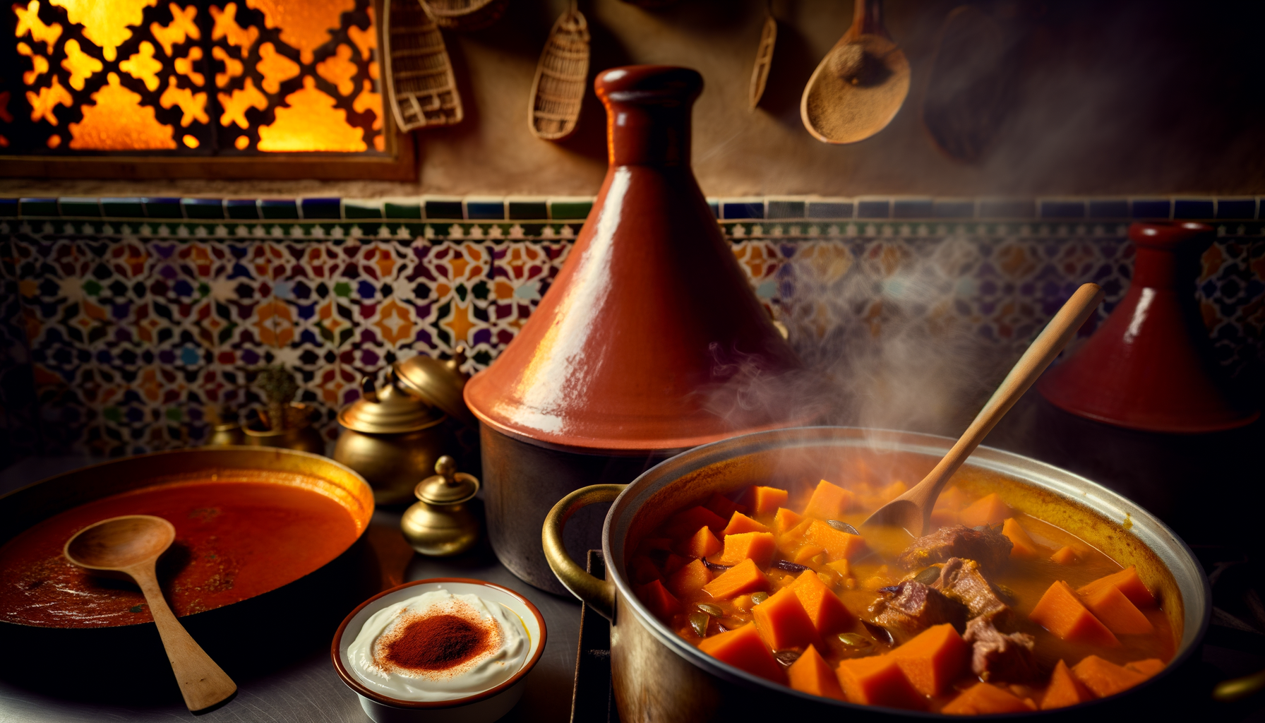 Cooking pumpkin and sweet potato soup in a pot with stirring action