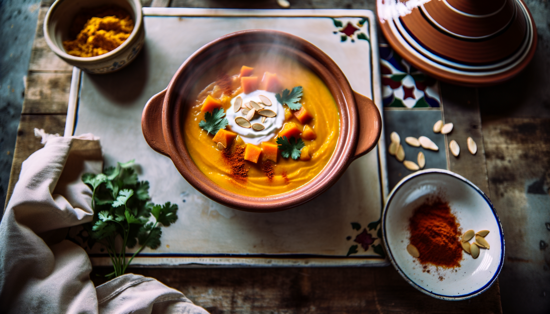 Silky pumpkin sweet potato soup with spiced harissa yogurt served in a bowl