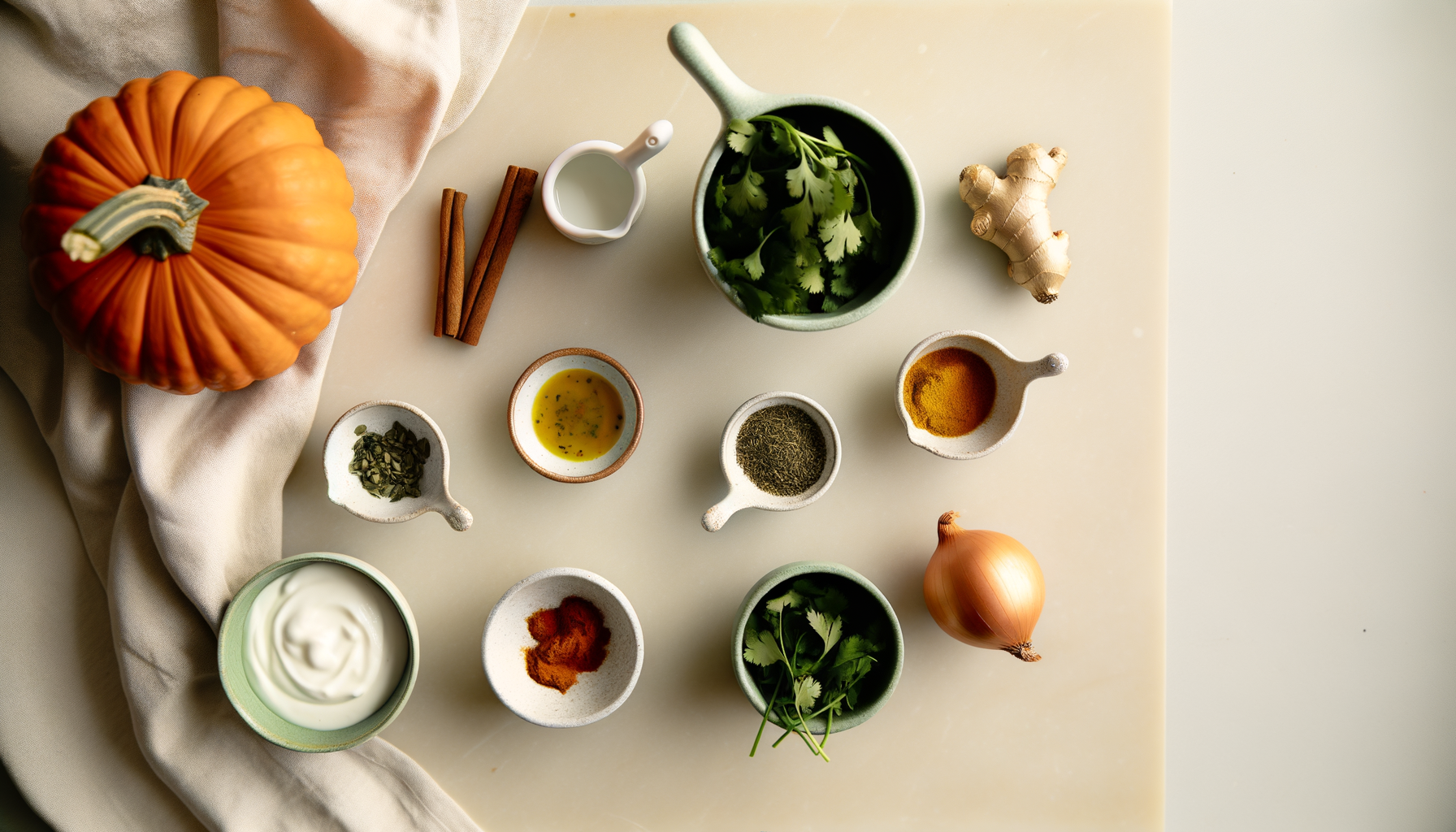 Flat-lay of ingredients for pumpkin and sweet potato soup with spices and yogurt