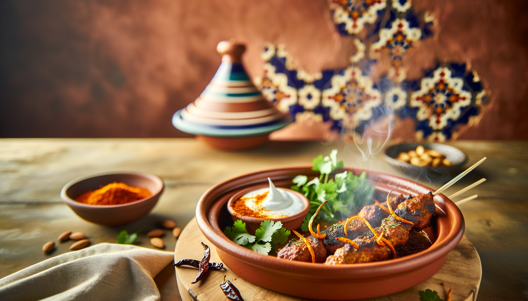 Sahara spiced brochettes served with smoky harissa and mint yogurt sauce