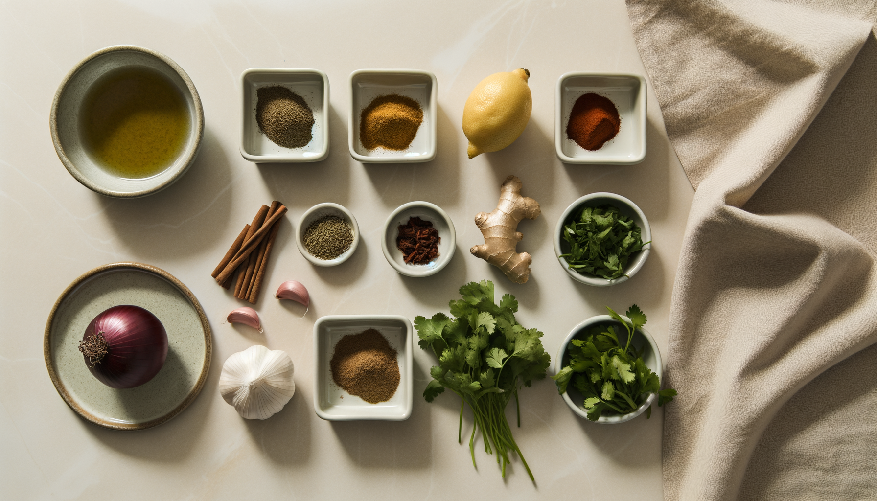 Flat-lay of ingredients for Sahara spiced brochettes, including spices and skewers