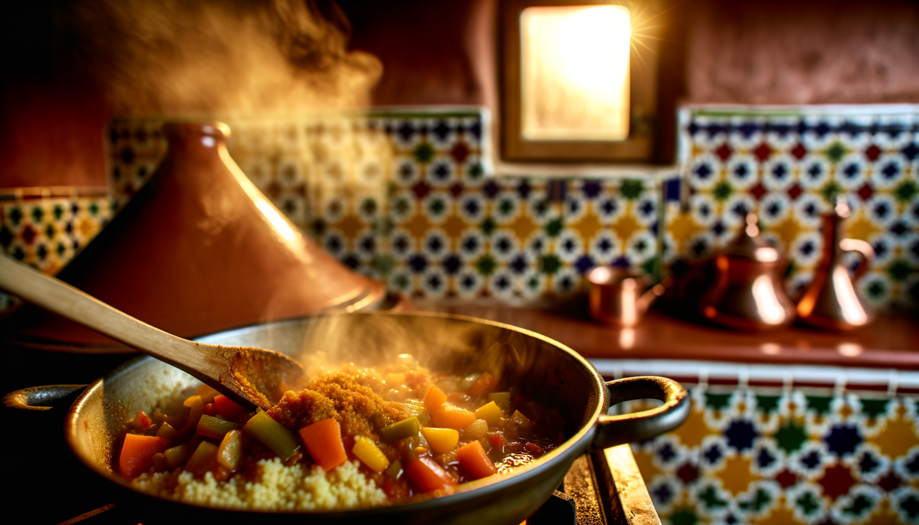 Cooking process of seven-vegetable couscous with spices in a large pot