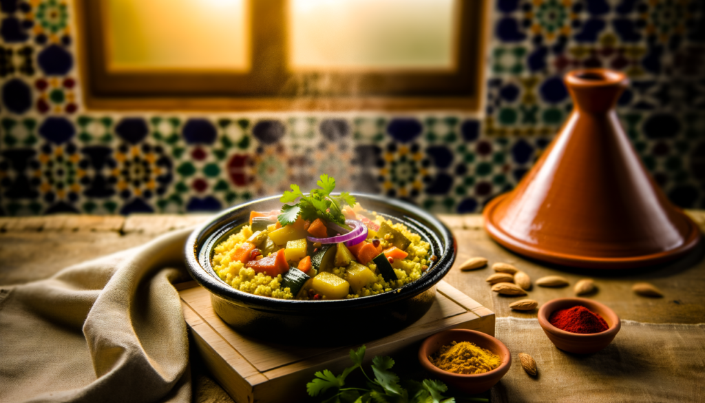 A colorful plate of savory sweet seven-vegetable couscous with Fez-style spices
