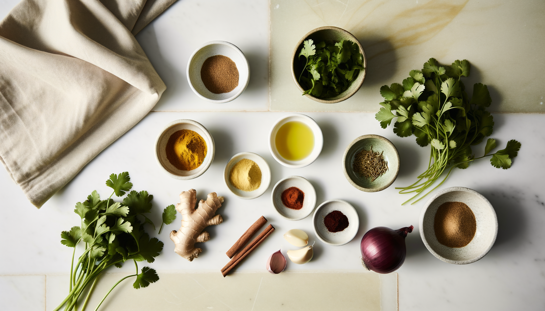 Top view of ingredients for seven-vegetable couscous including spices and fresh vegetables