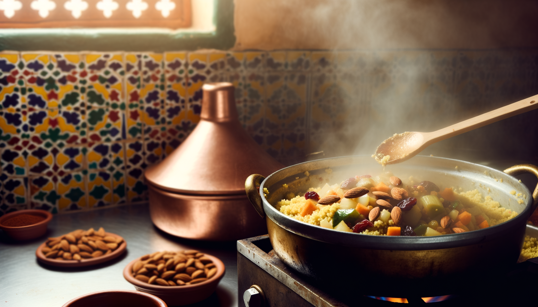 Action shot of cooking vegetable couscous with raisins and almonds in a pot